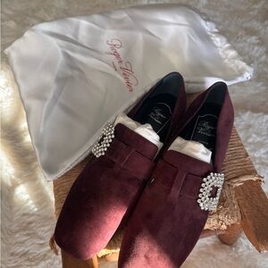 Roger Vivier Deep Red Loafers with Crystal Embellishment